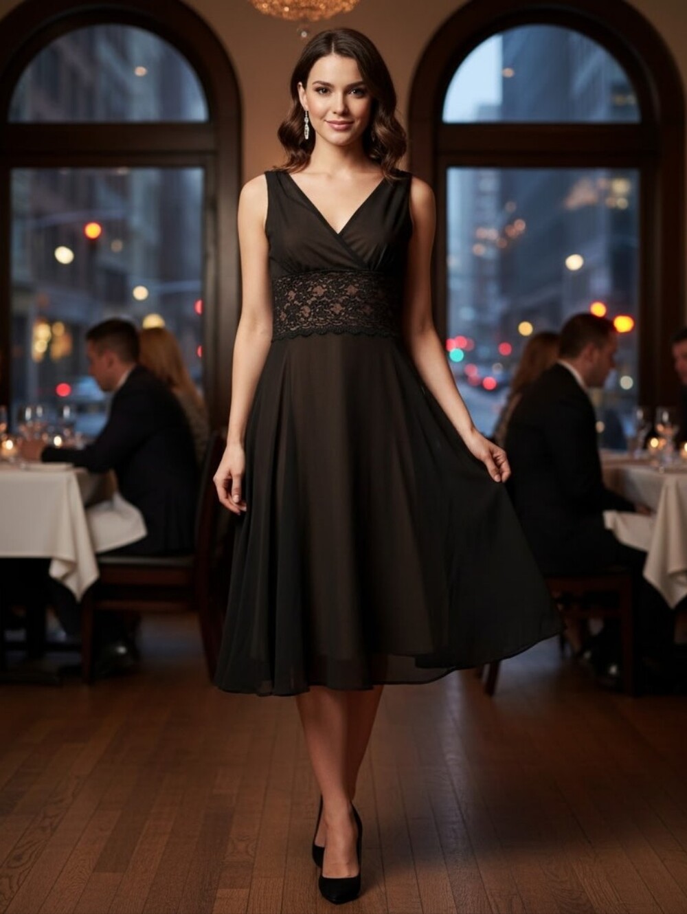 Connected Petite Black/Tan Lace Midi Dress. Organza Lace Sleeveless Formal Dress